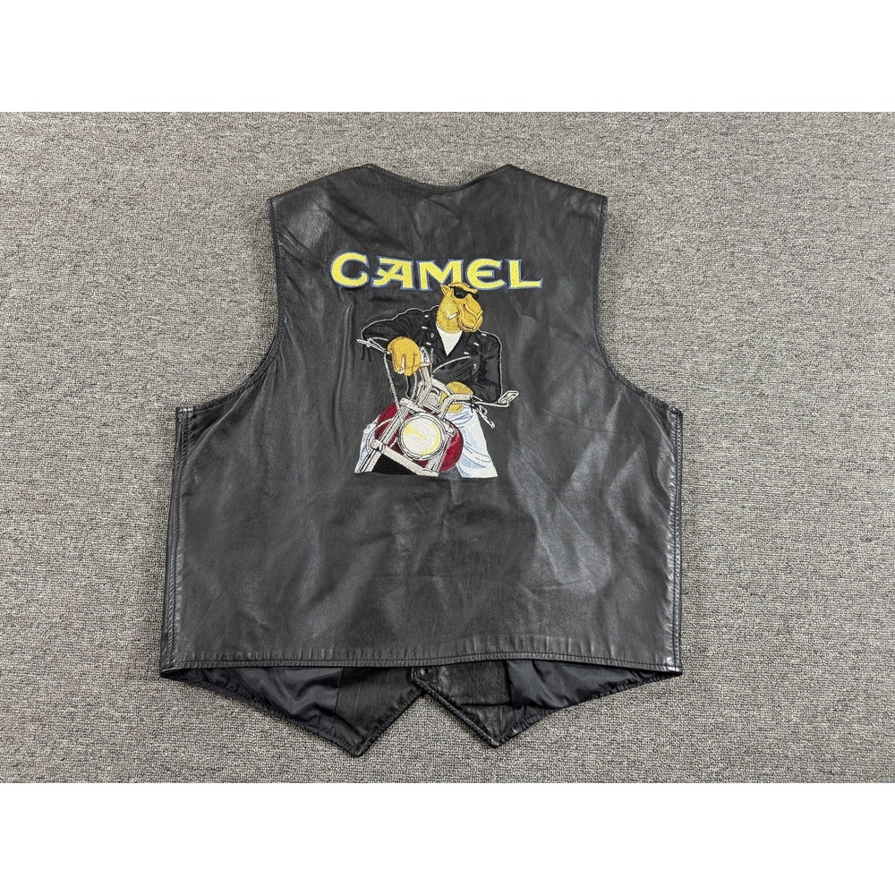 Vintage Joe Camel Vest Mens 48 Black Leather Biker Motorcycle 90s Cigarettes